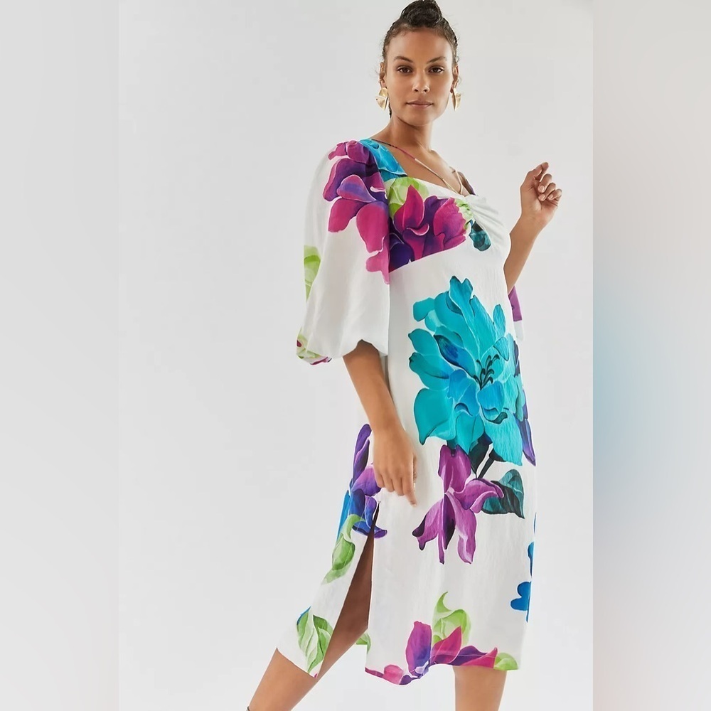 Maeve Floral Midi Dress 2 Petite purple teal feminine lined spring Anthropologie - Picture 5 of 14